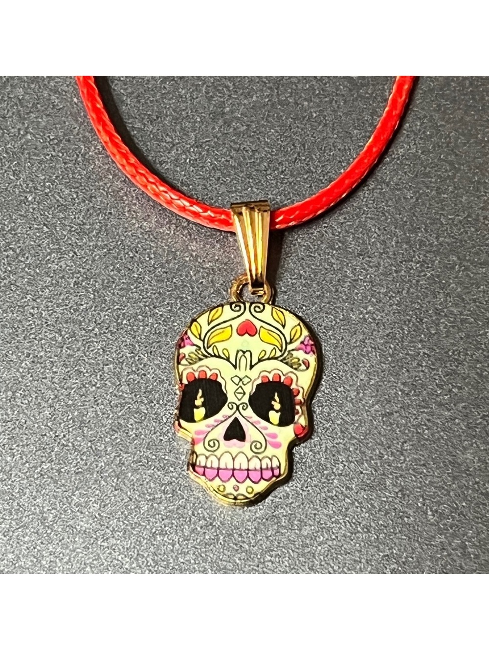 Trendy Sugar Skull Pendant Necklace with Red Cord - Perfect Statement!